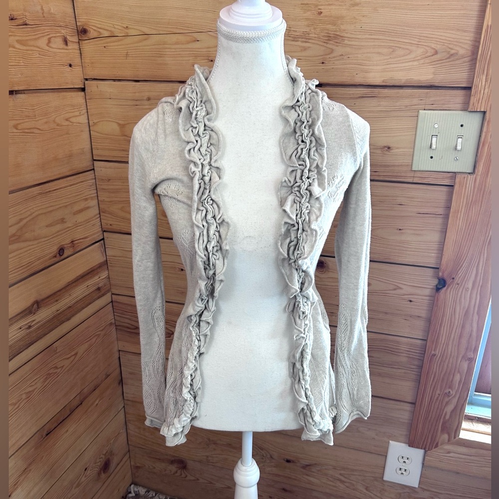Cotton Cream Open Knit Eyelet Ruffle Cardigan Sweater Womens Size XS